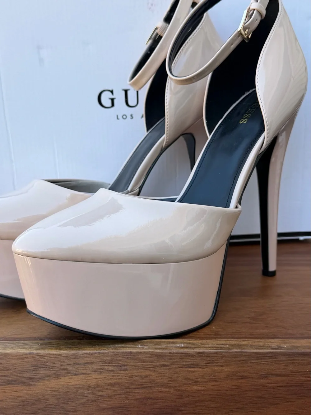 GUESS Nude Patent Platform Ankle-Strap Pump